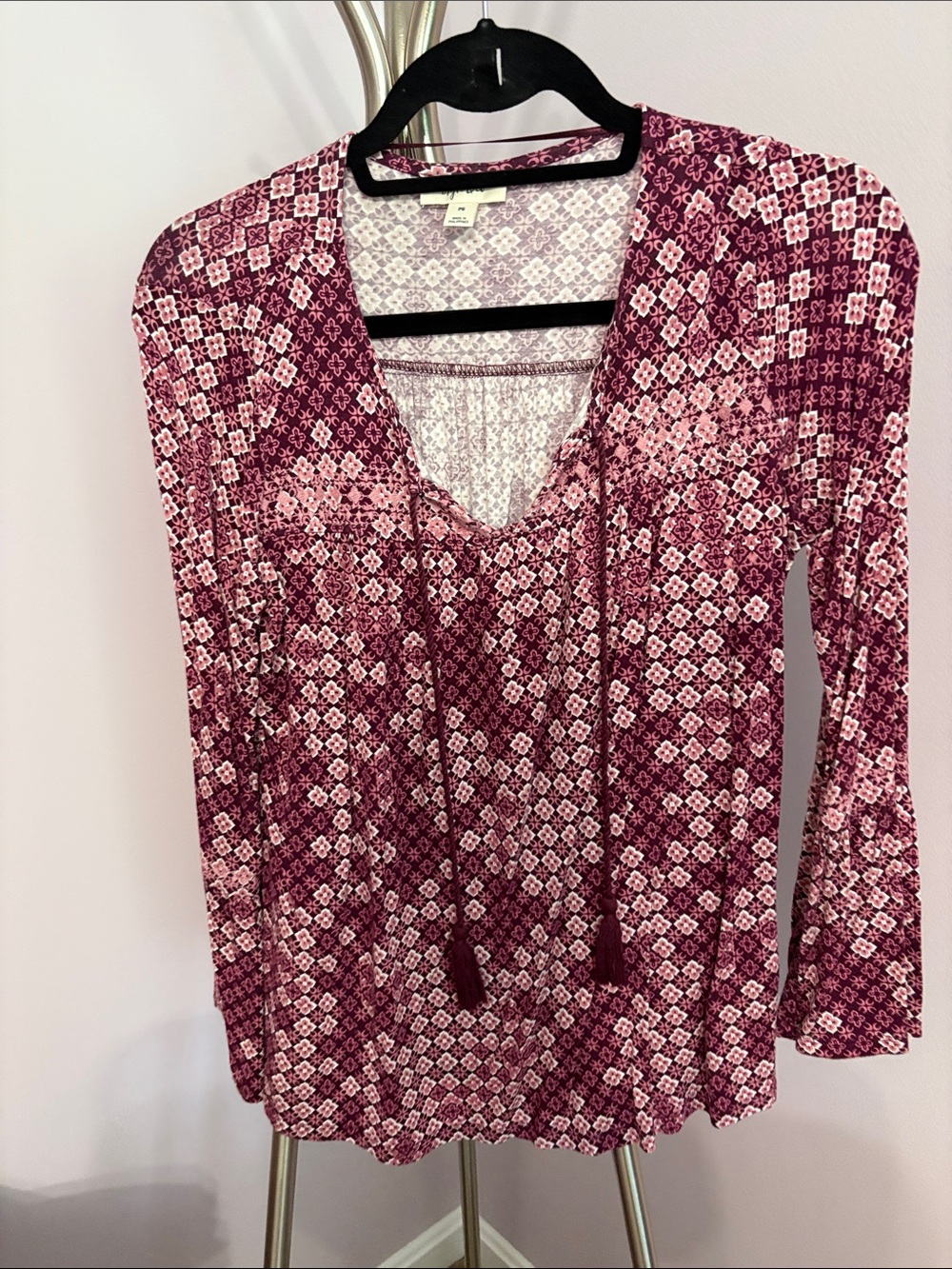 Style & Co. Burgundy and Pink Mosaic Tie-Front V-Neck Blouse